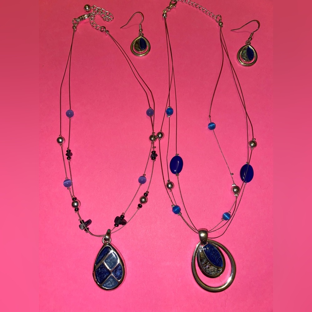 Three Teardrop pendant necklaces & earrings